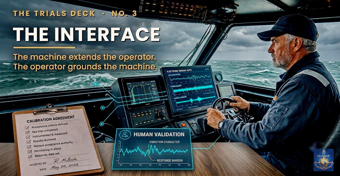 The Interface — an operator at the helm in heavy weather, the electronic sensing suite and a human-validation trace overlaid alongside a signed calibration agreement.