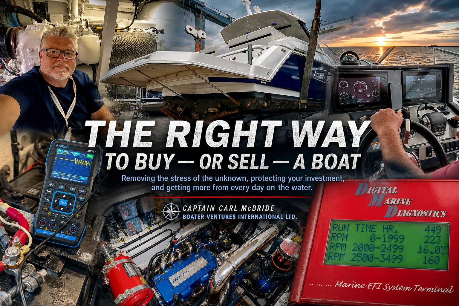 The Right Way to Buy — or Sell — a Boat: Captain Carl McBride with marine diagnostic instruments, a boat hauled out on a travel-lift, and a helm underway.