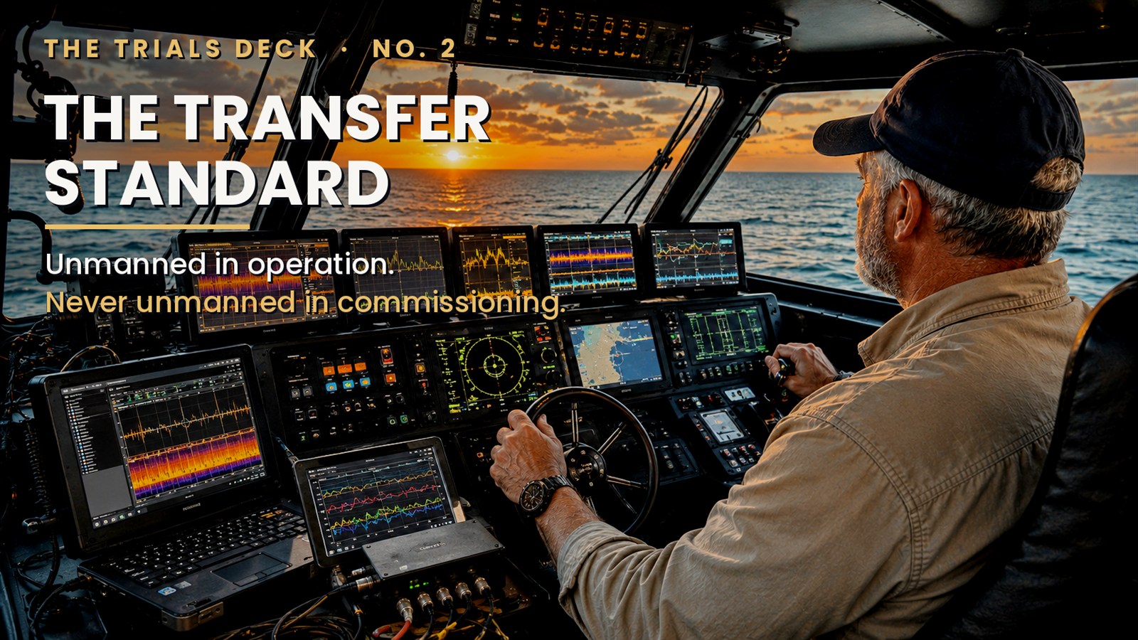 The Transfer Standard — an operator at the helm of an unmanned surface vessel under trials at sunset, surrounded by telemetry displays.