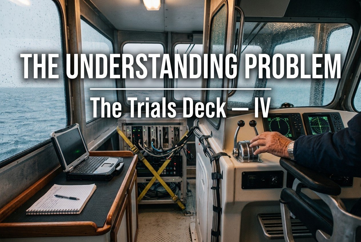 The Understanding Problem — The Trials Deck IV: a rugged laptop, an instrumentation rack, and a handwritten notebook in a vessel wheelhouse in the rain, with an operator's hand on the throttle.