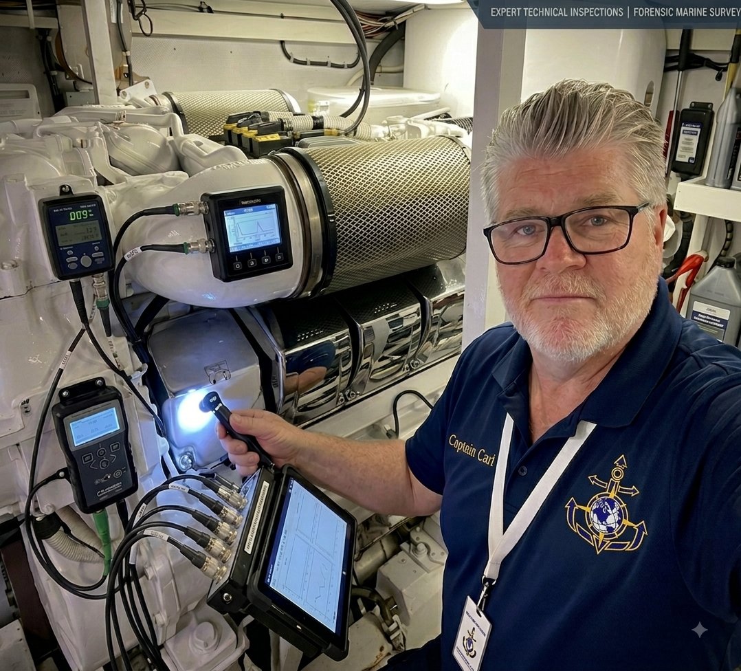 Captain Carl McBride performing a forensic technical inspection in an engine room with diagnostic instruments and a tablet.