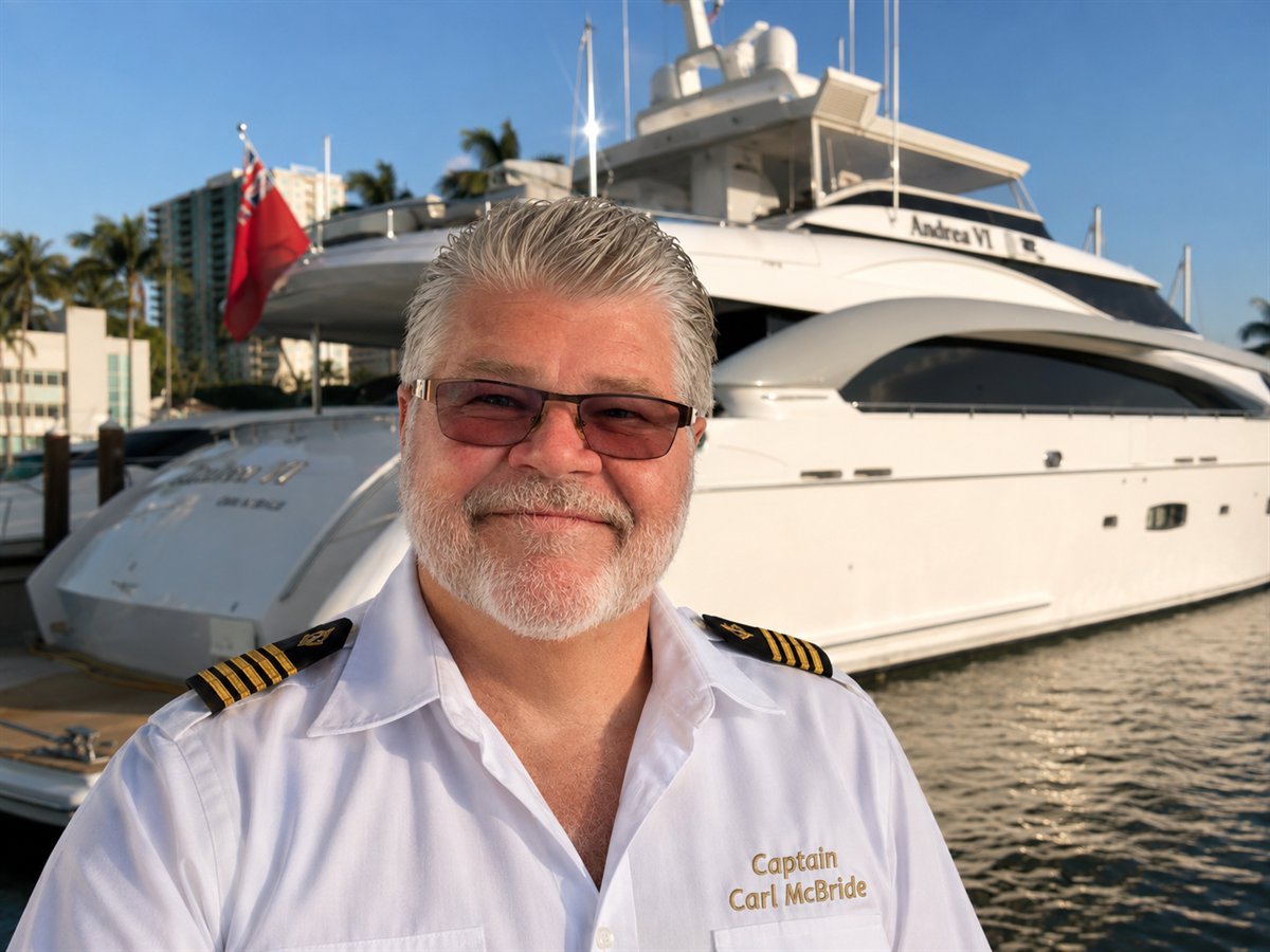 Captain Carl McBride in dress whites on the dock in front of the motor yacht Andrea VI.